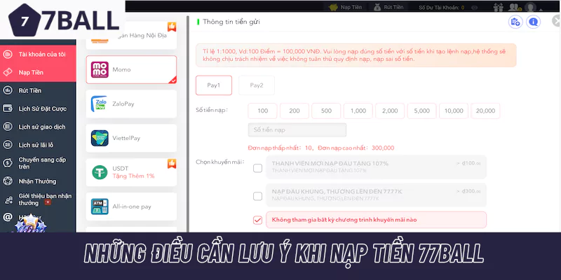 Những điều cần lưu ý khi nạp tiền vào 77Ball